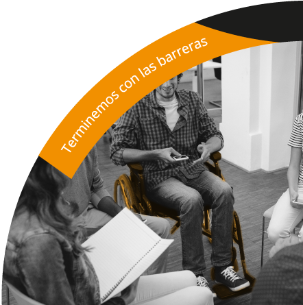 lema: terminemos con las barreras. imagen Varias personas en una reunión con distintas capacidades 