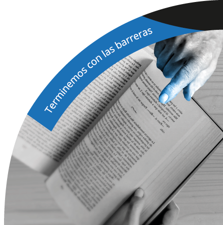 lema: terminemos con las barreras. imagen Dedo que indica sobre libro